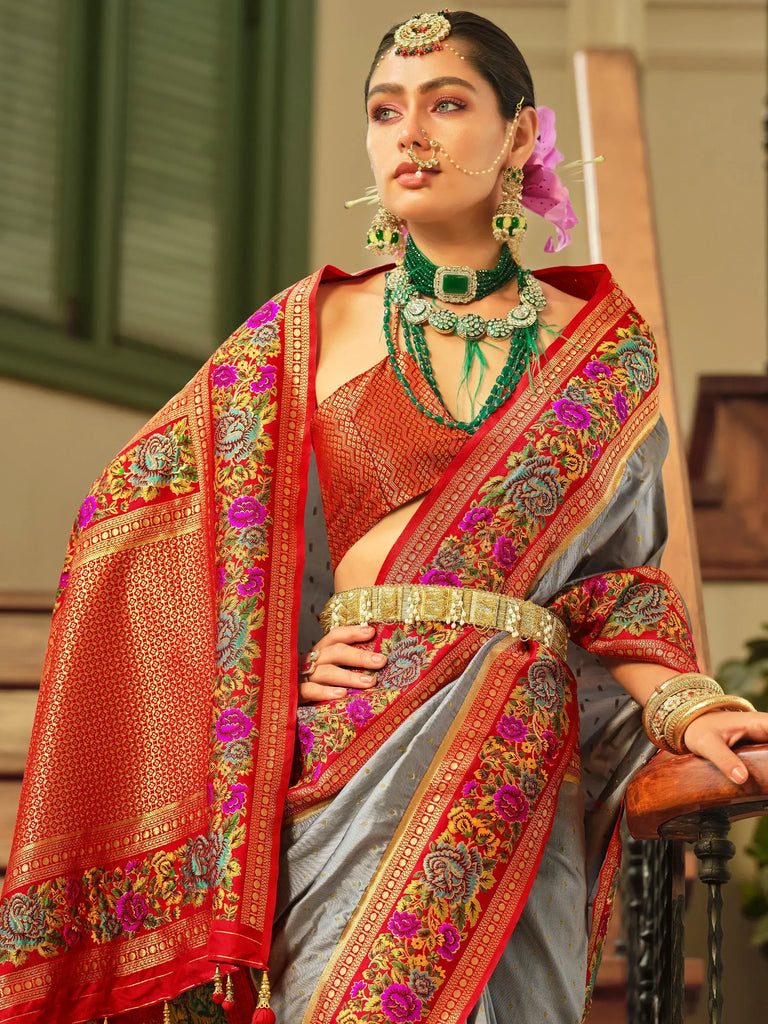 Gorgeous Grey Zari Weaving Banarasi Silk Festival Wear Saree