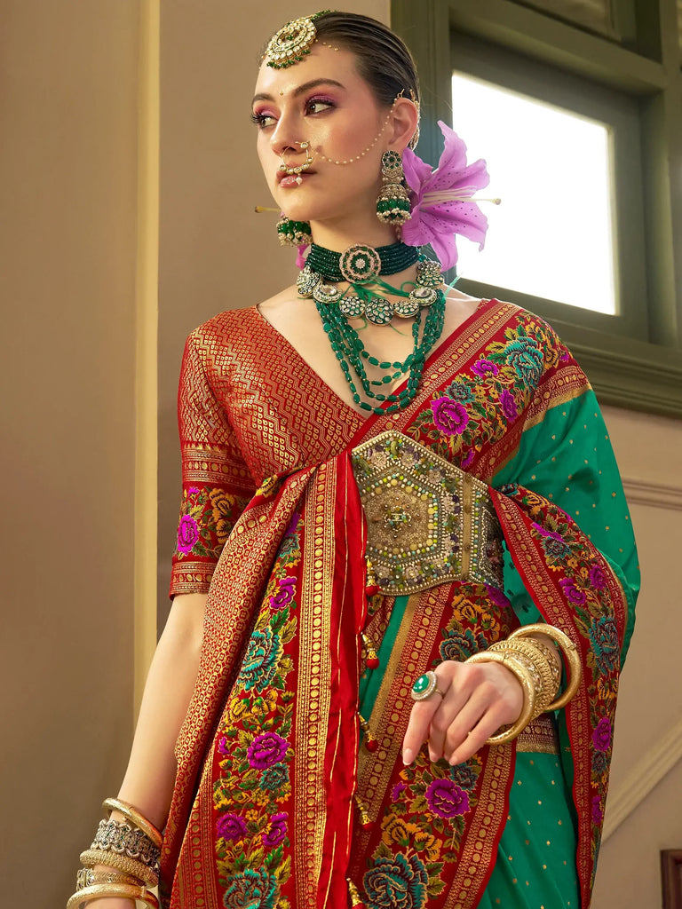 Incredible Teal Green Zari Weaving Banarasi Silk Festival Wear Saree