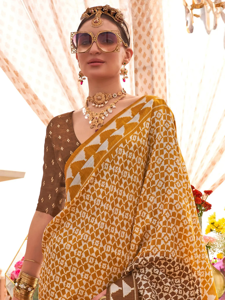 Captivating Mustard Yellow Digital Printed Silk Casual Wear Saree