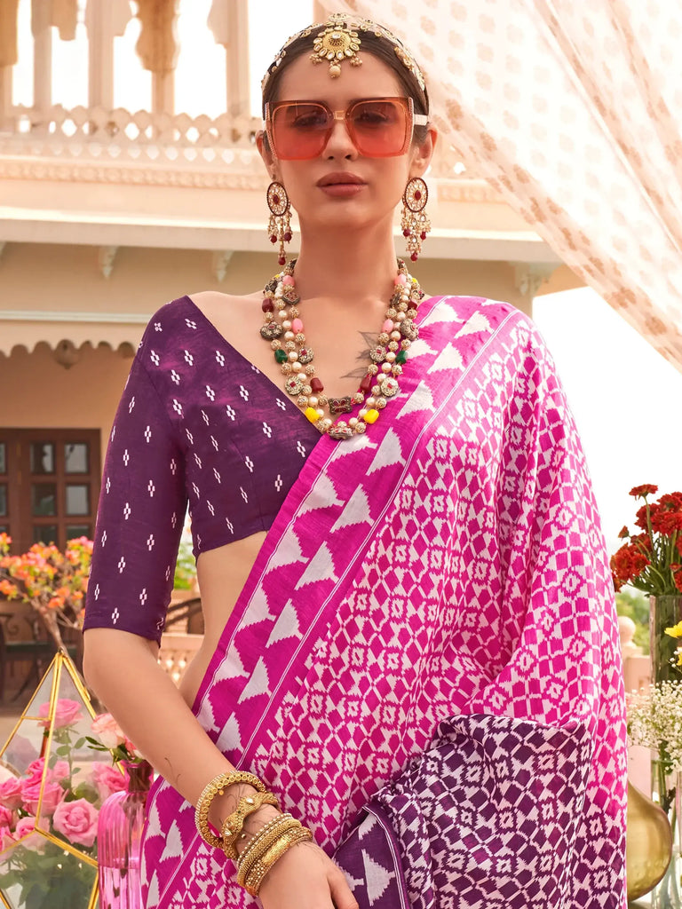 Stunning Pink Digital Printed Silk Traditional Saree With Blouse