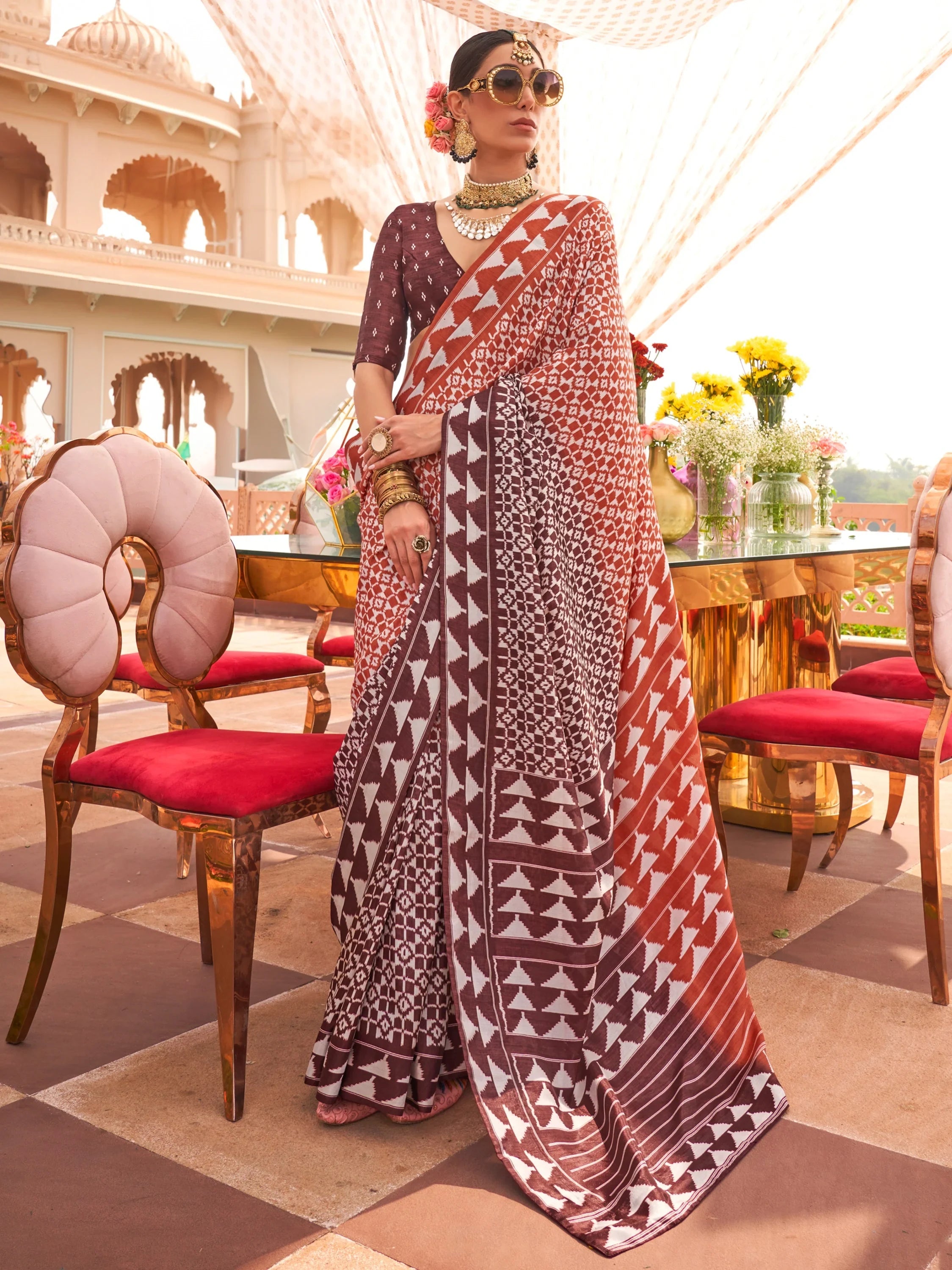 Charming Brown Digital Printed Silk Traditional Saree With Blouse