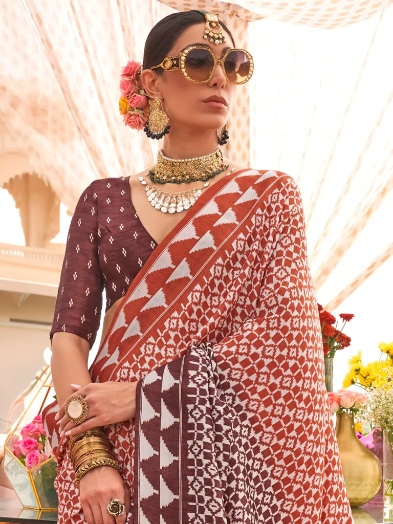 Charming Brown Digital Printed Silk Traditional Saree With Blouse