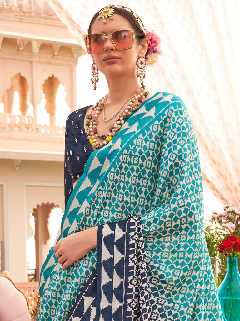 Beautiful Sky-Blue Digital Printed Silk Casual Wear Saree With Blouse