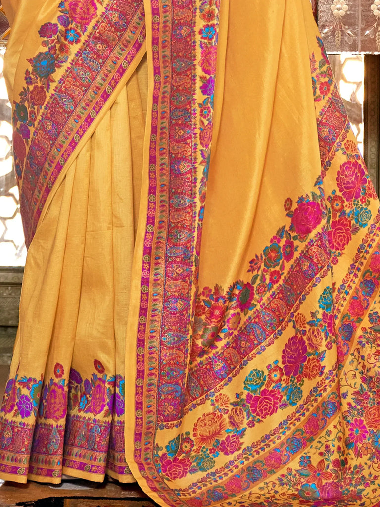 Beautiful Yellow Floral Printed Silk Haldi Wear Saree With Blouse