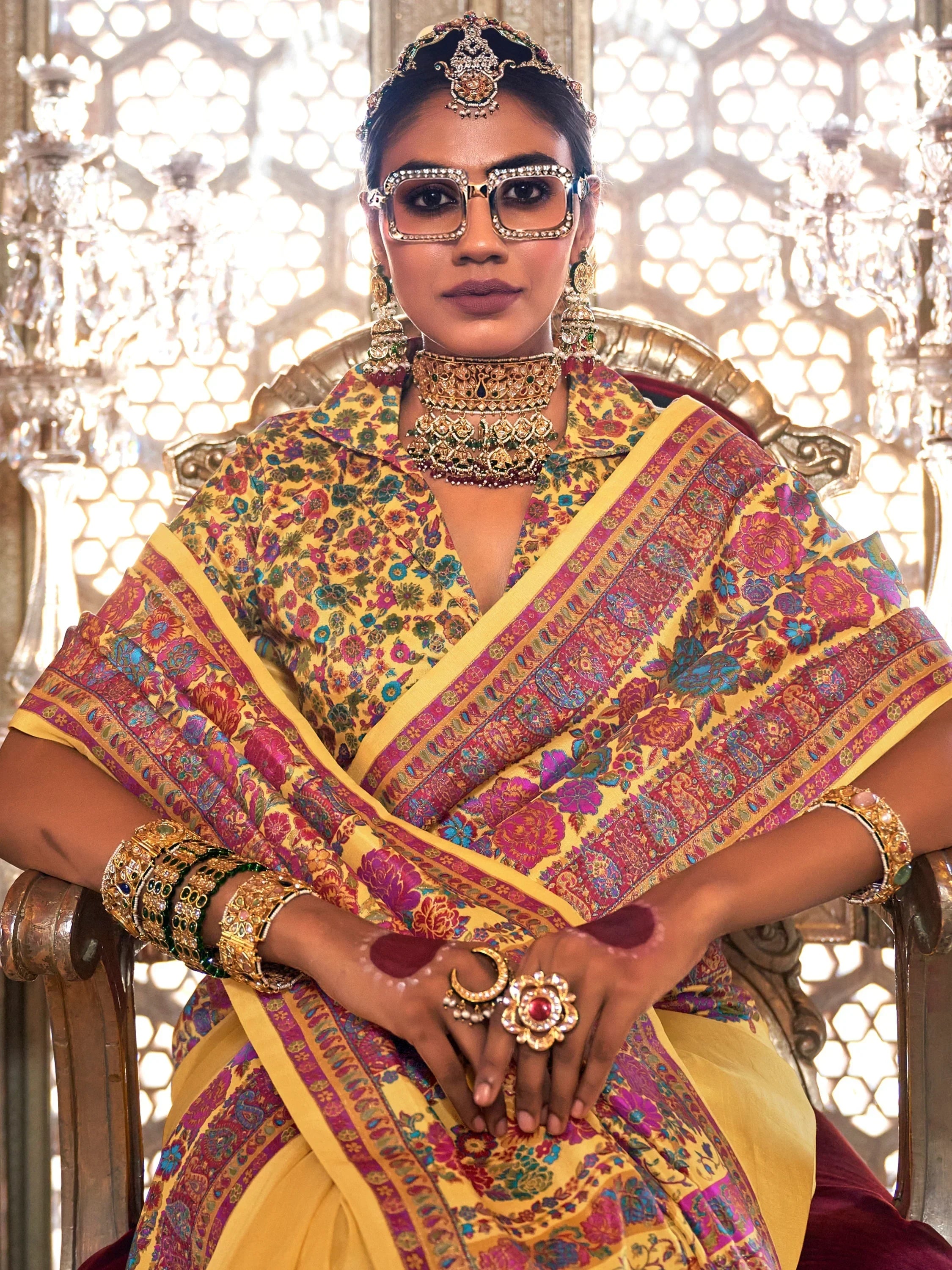 Beautiful Yellow Floral Printed Silk Haldi Wear Saree With Blouse