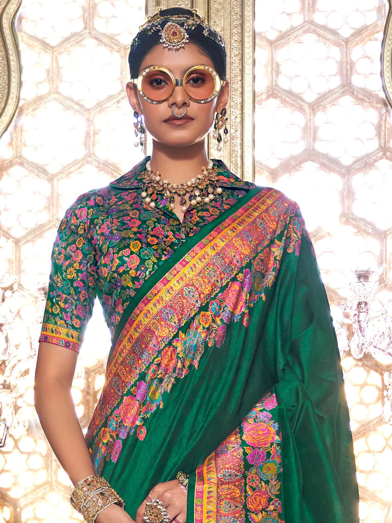 Gorgeous Green Floral Printed Silk Festival Wear Saree With Blouse