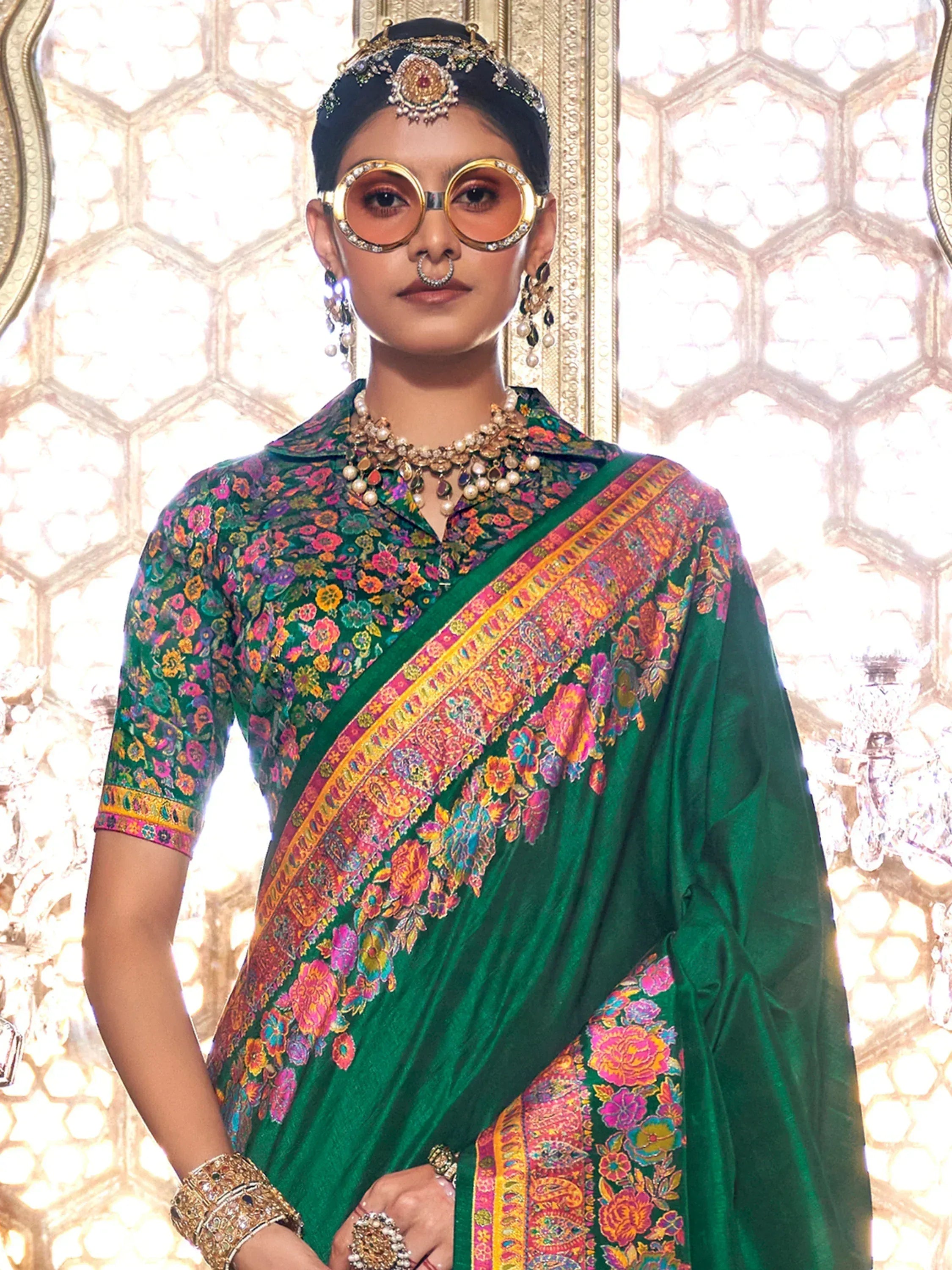 Green floral printed saree with vibrant border, traditional Indian ethnic wear for women
