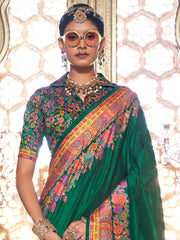 Gorgeous Green Floral Printed Silk Festival Wear Saree With Blouse