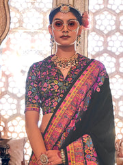 Stunning Black Floral Printed Silk Event Wear Saree With Blouse