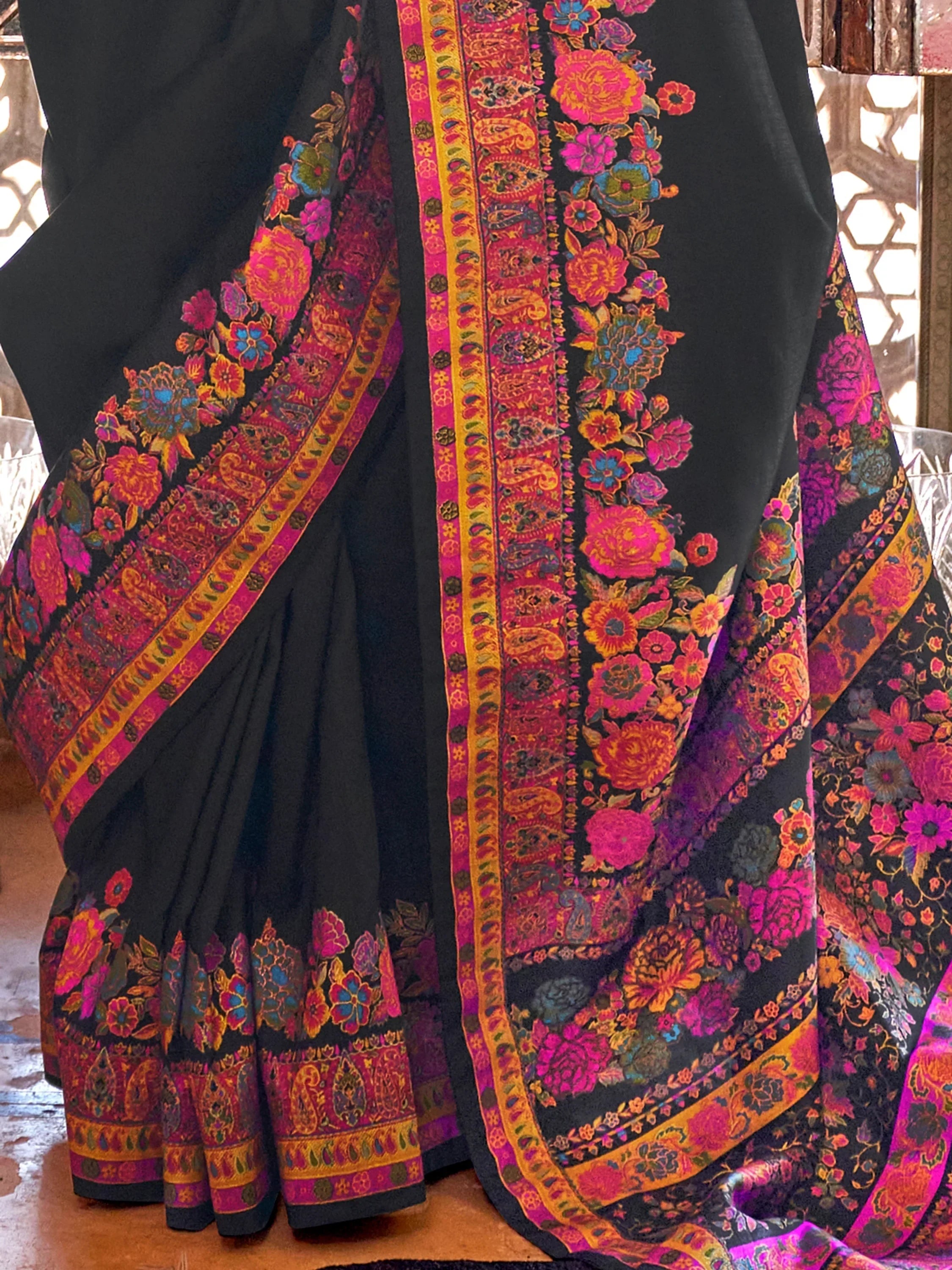 Stunning Black Floral Printed Silk Event Wear Saree With Blouse