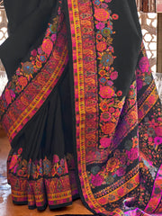 Stunning Black Floral Printed Silk Event Wear Saree With Blouse