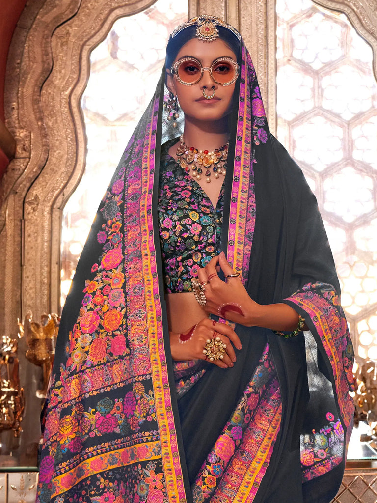 Stunning Black Floral Printed Silk Event Wear Saree With Blouse
