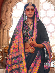 Stunning Black Floral Printed Silk Event Wear Saree With Blouse