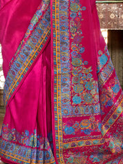 Dazzling Pink Floral Printed Silk Traditional Saree With Blouse