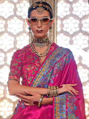 Dazzling Pink Floral Printed Silk Traditional Saree With Blouse