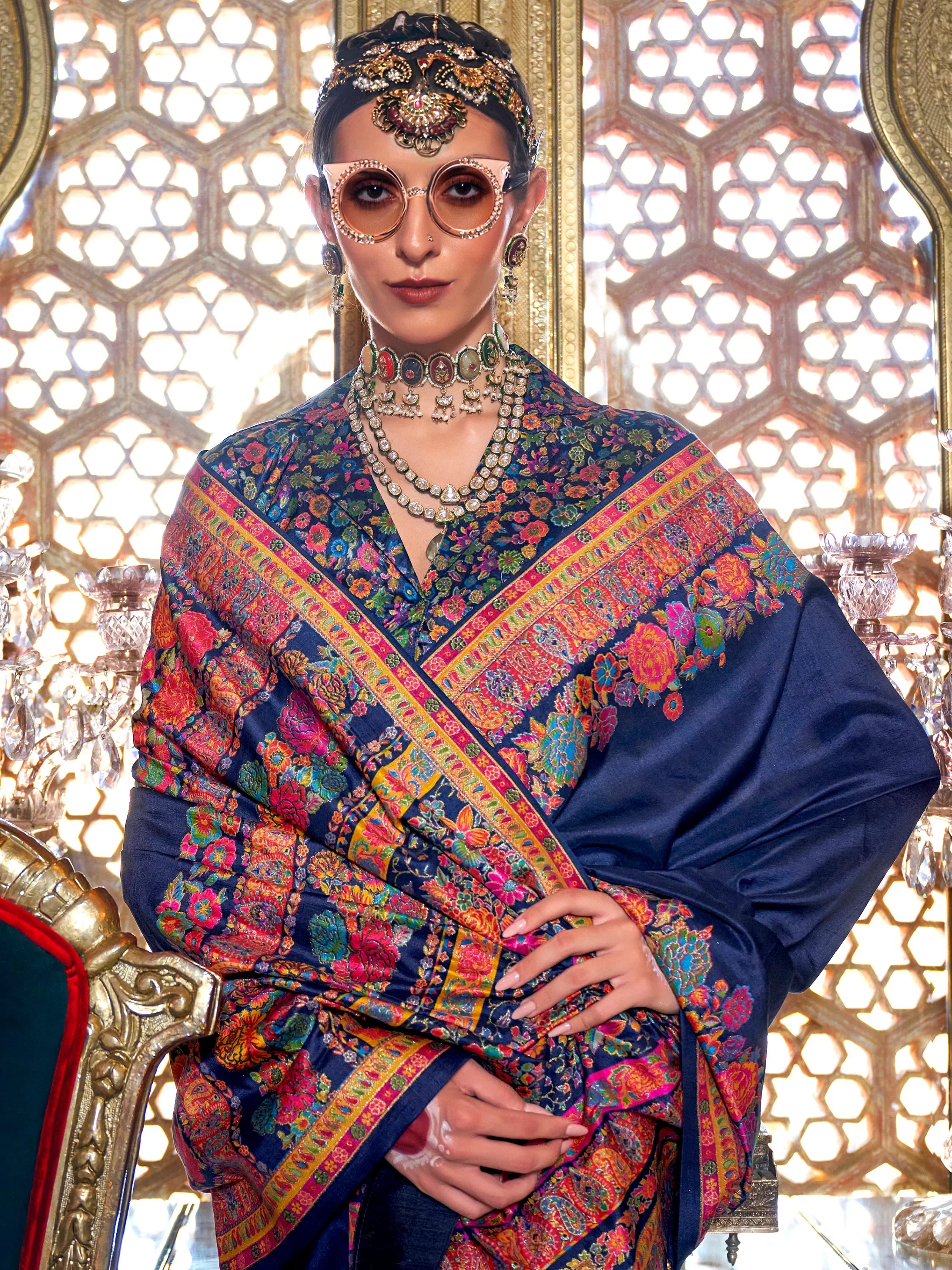 Spectacular Navy Blue Floral Printed Silk Saree With Blouse