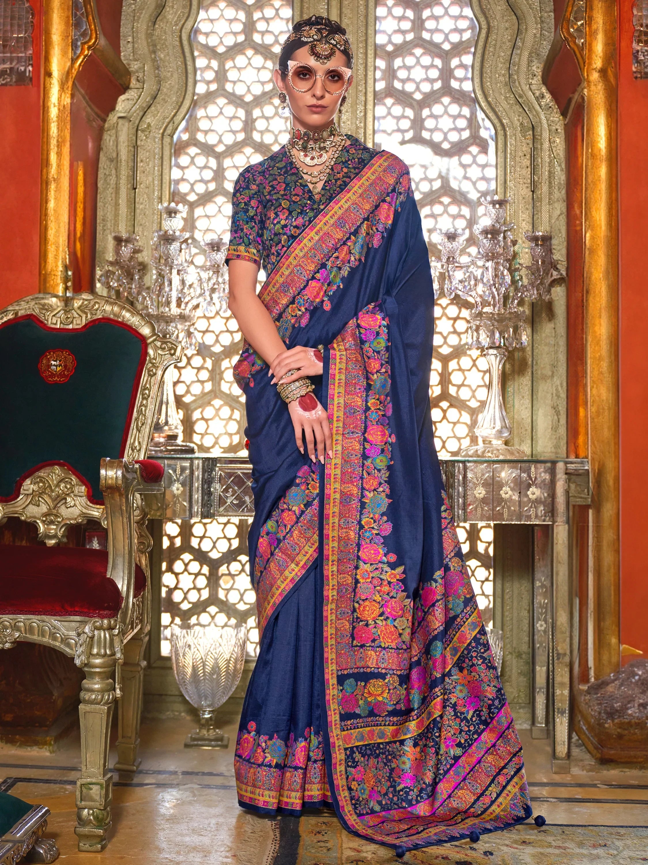 Spectacular Navy Blue Floral Printed Silk Saree With Blouse