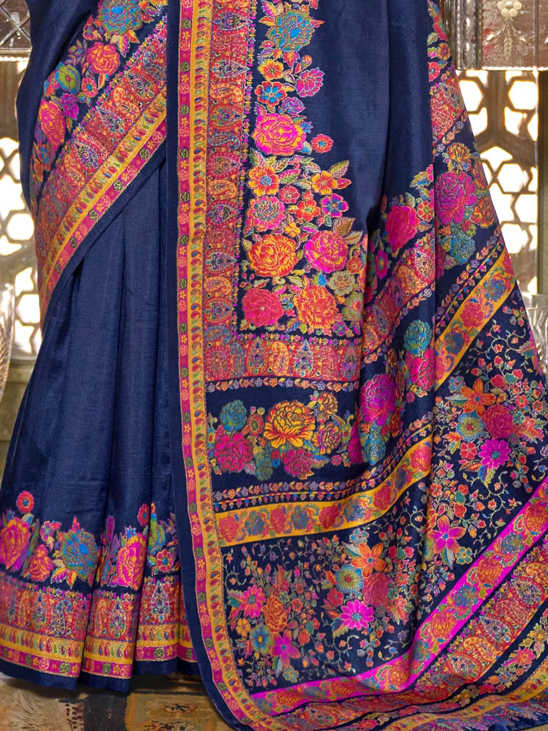 Spectacular Navy Blue Floral Printed Silk Saree With Blouse