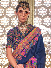 Spectacular Navy Blue Floral Printed Silk Saree With Blouse