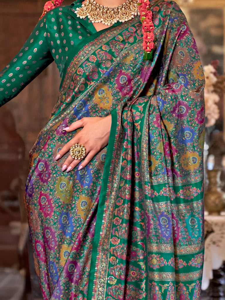 Enchanting Dark Green Printed Silk Event Wear Saree With Blouse