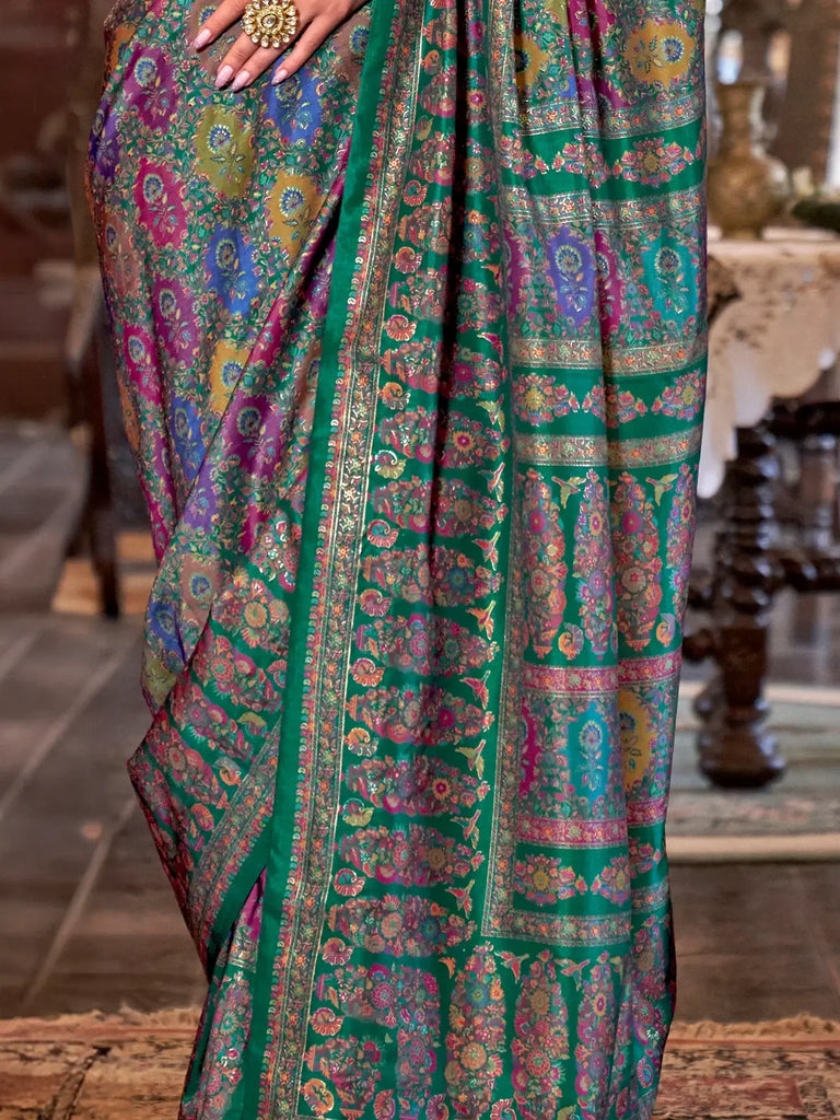 Enchanting Dark Green Printed Silk Event Wear Saree With Blouse