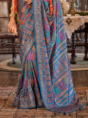 Gorgeous Blue Printed Silk Festival Wear Saree With Blouse