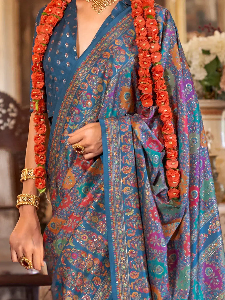 Gorgeous Blue Printed Silk Festival Wear Saree With Blouse