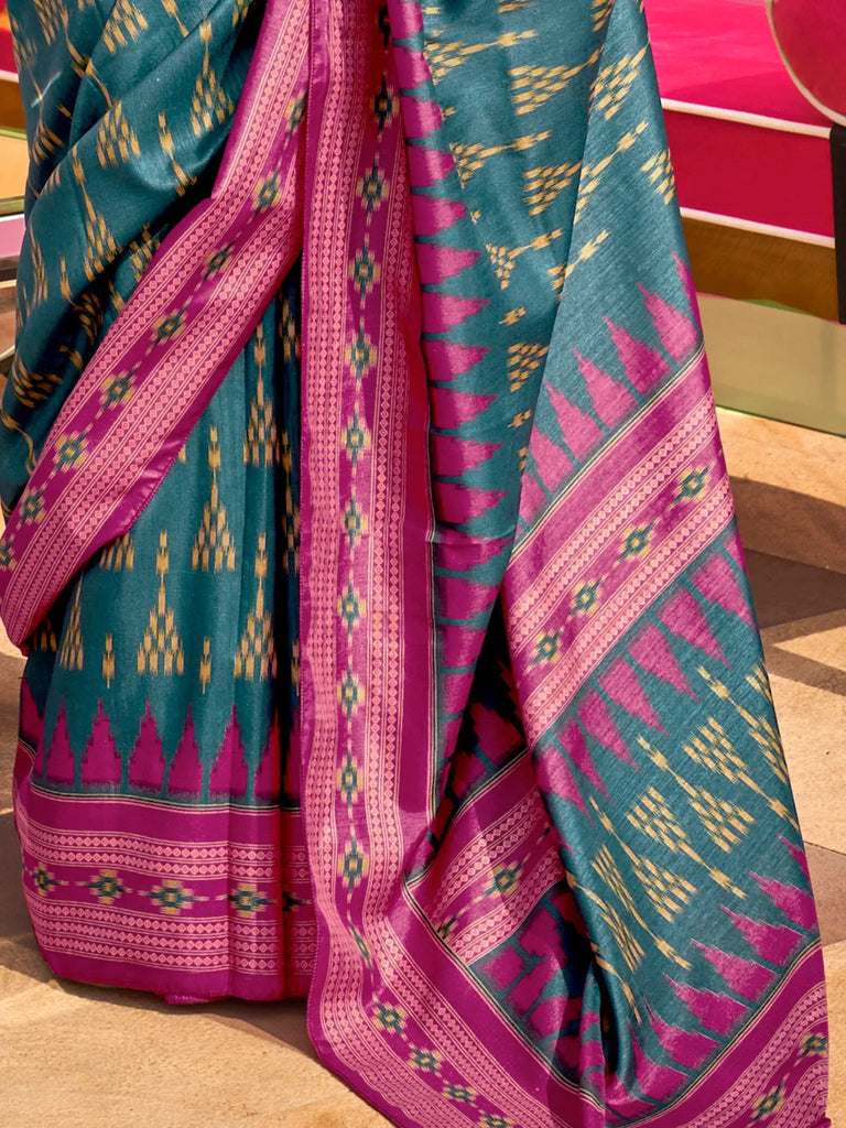 Enchanting Teal Blue Digital Printed Silk Event Wear Saree With Blouse