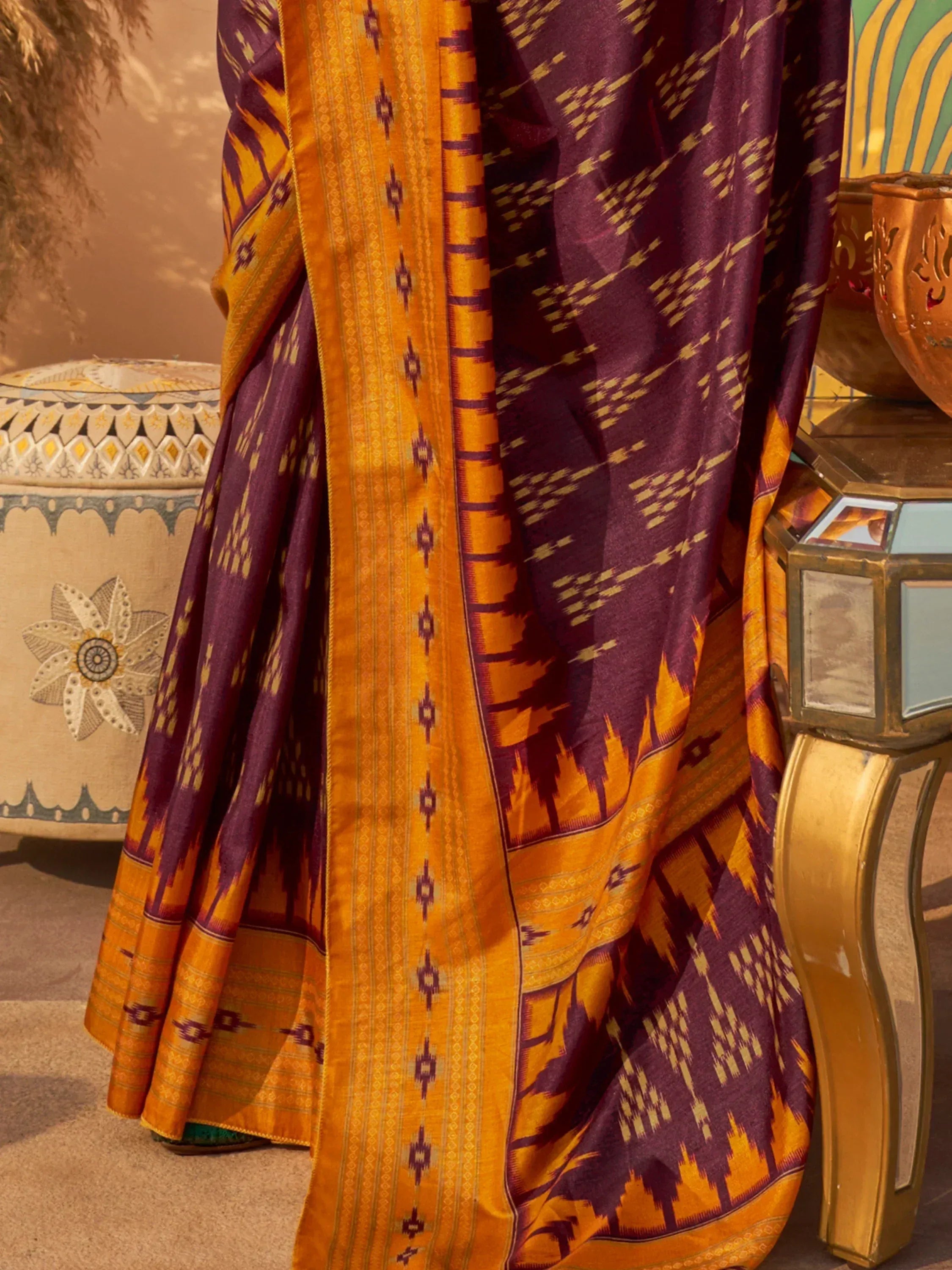 Purple and gold ikat saree with geometric patterns, ethnic Indian wear