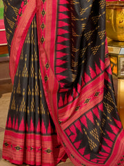 Beautiful Black Digital Printed Silk Event Wear Saree With Blouse