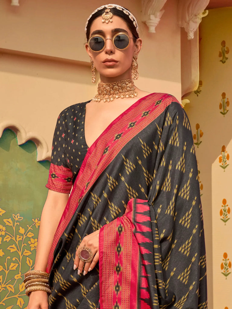 Beautiful Black Digital Printed Silk Event Wear Saree With Blouse