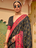 Beautiful Black Digital Printed Silk Event Wear Saree With Blouse