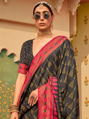 Beautiful Black Digital Printed Silk Event Wear Saree With Blouse