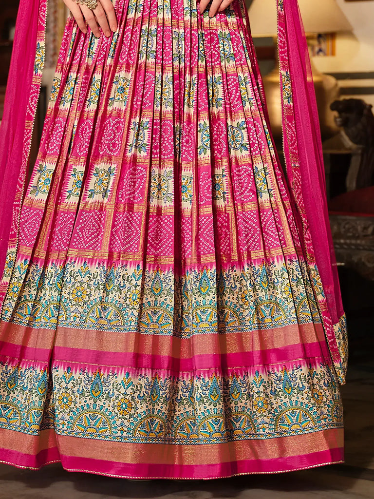 Stunning Pink Bandhani Printed Silk Event Wear Gown With Dupatta