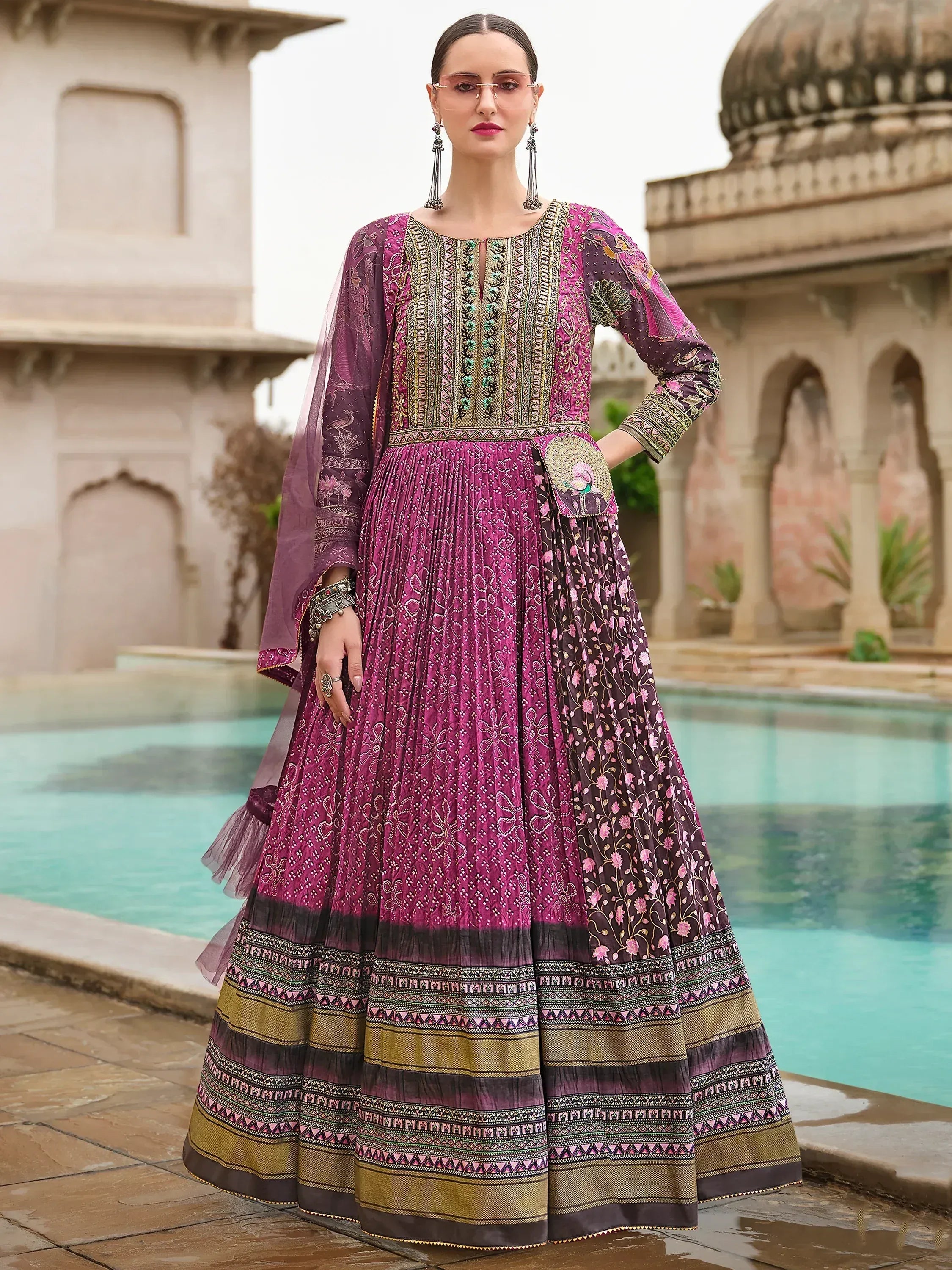 Elegant purple and pink embroidered anarkali suit with dupatta, perfect for Indian ethnic occasions