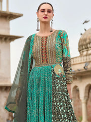Enchanting Teal Green Hand Work Silk Event Wear Gown With Dupatta