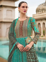 Enchanting Teal Green Hand Work Silk Event Wear Gown With Dupatta