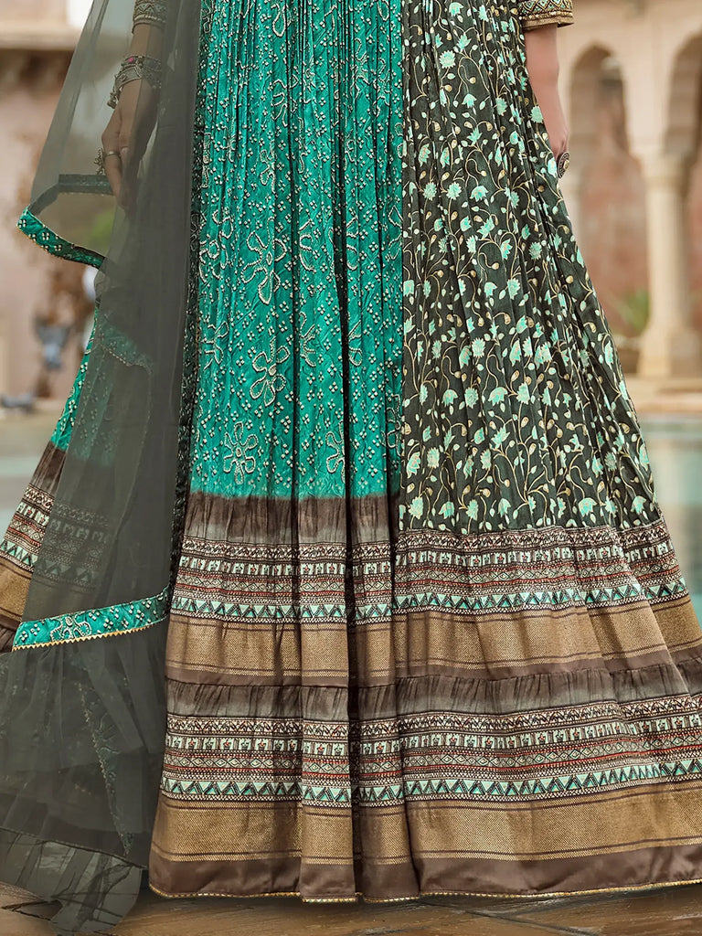 Enchanting Teal Green Hand Work Silk Event Wear Gown With Dupatta