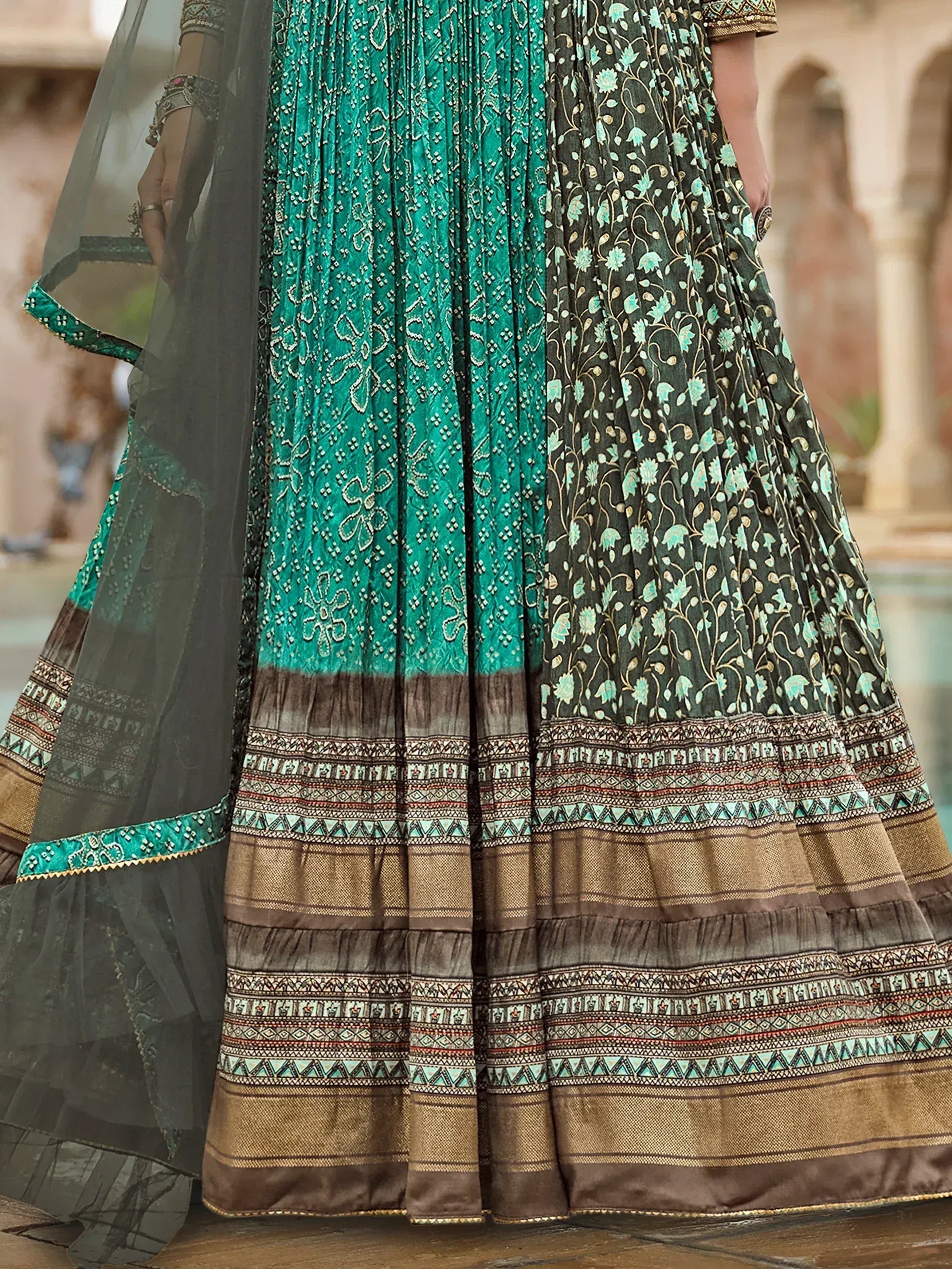 Emerald green and black floral embroidered lehenga with dupatta, ethnic Indian wear