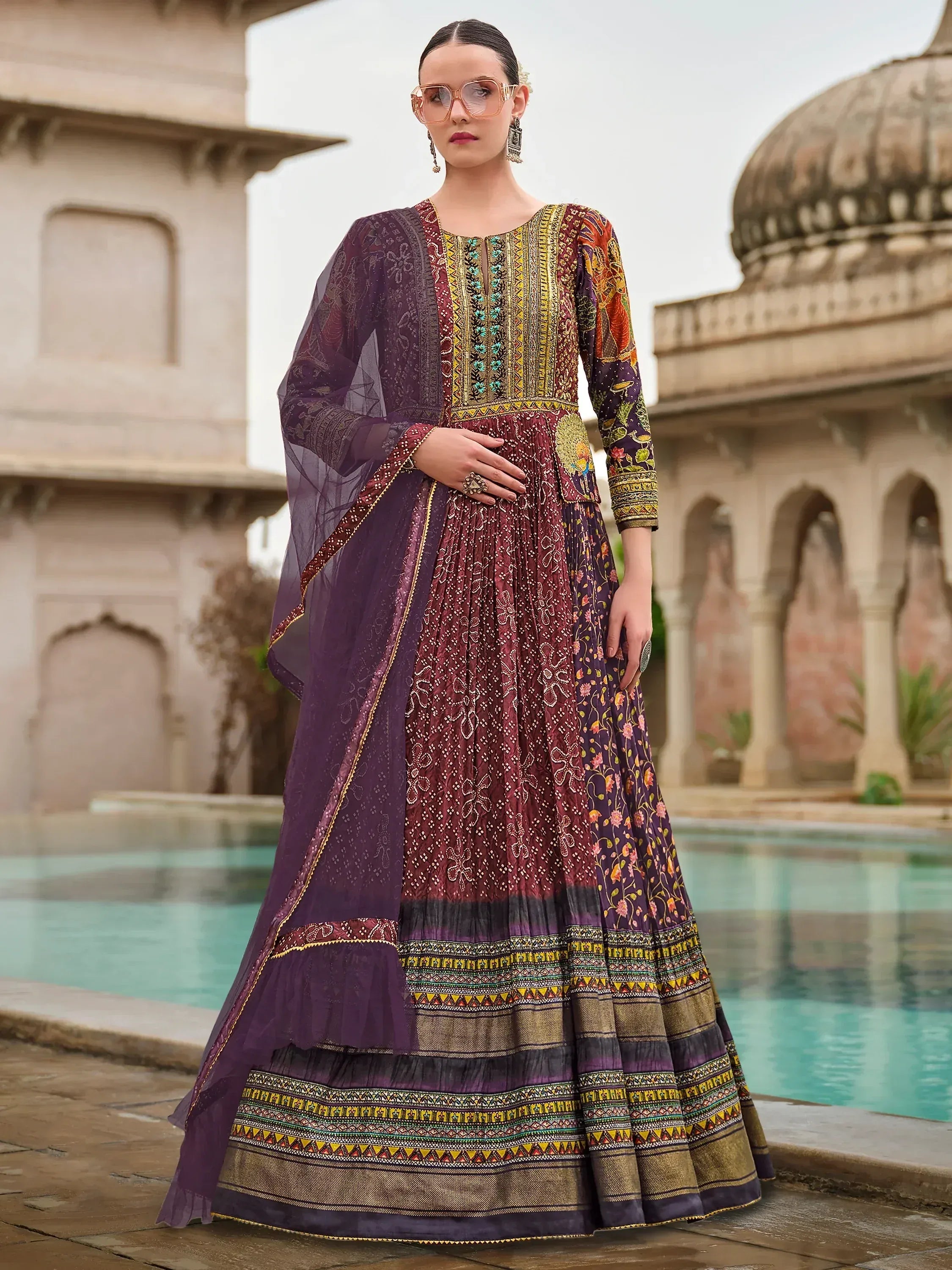 Elegant purple and maroon embroidered anarkali suit with dupatta, perfect for Indian ethnic occasions.