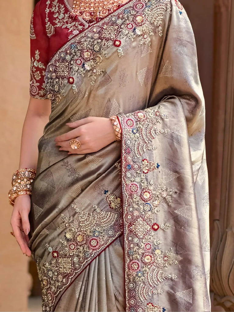 Attractive Grey Color Sequins Silk Event Wear Saree With Blouse