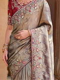 Attractive Grey Color Sequins Silk Event Wear Saree With Blouse