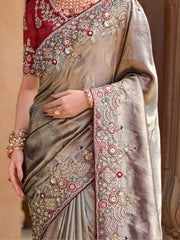 Attractive Grey Color Sequins Silk Event Wear Saree With Blouse