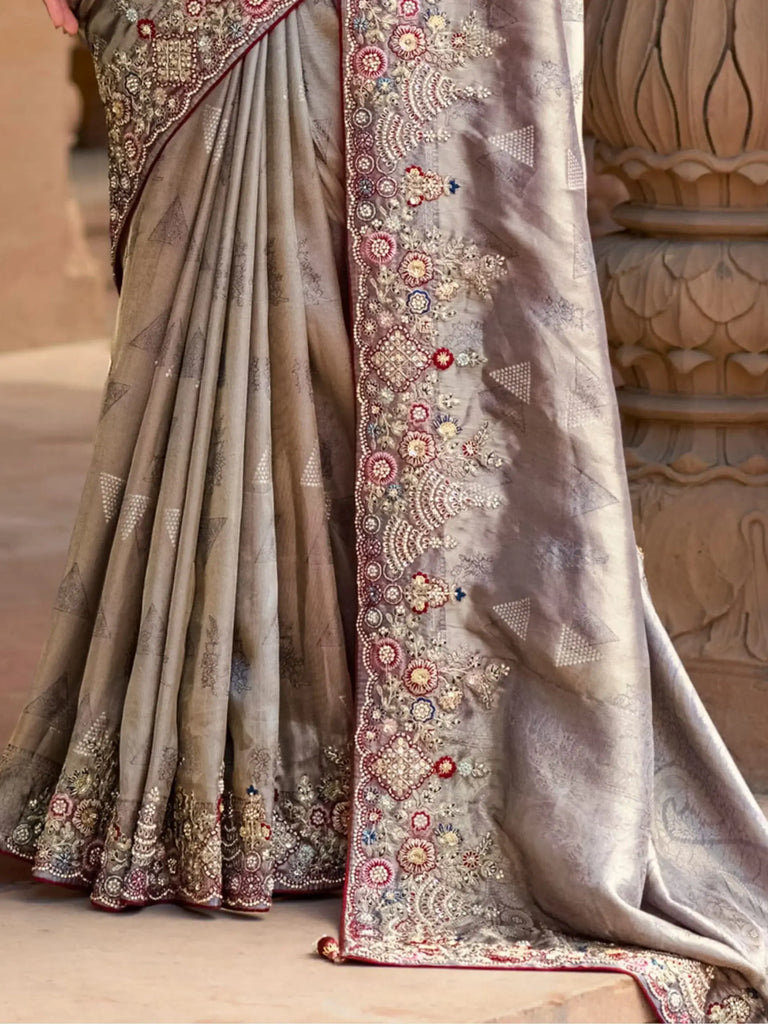 Attractive Grey Color Sequins Silk Event Wear Saree With Blouse