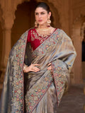 Attractive Grey Color Sequins Silk Event Wear Saree With Blouse