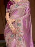 Beautiful Lavender Sequins Silk Engagement Wear Saree With Blouse