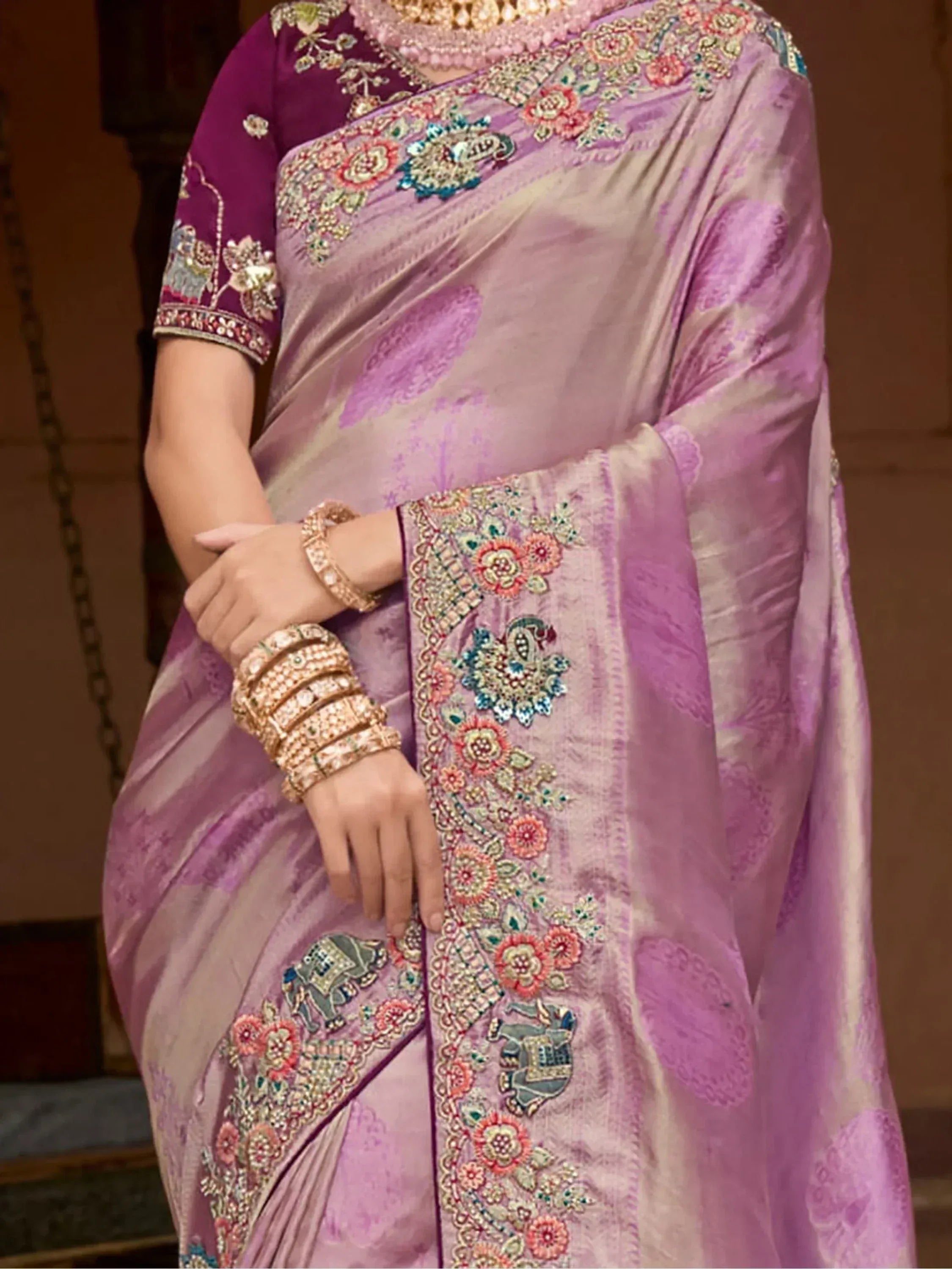 Beautiful Lavender Sequins Silk Engagement Wear Saree With Blouse