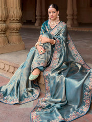 Enchanting Sky Blue Sequins Silk Function Wear Saree With Blouse