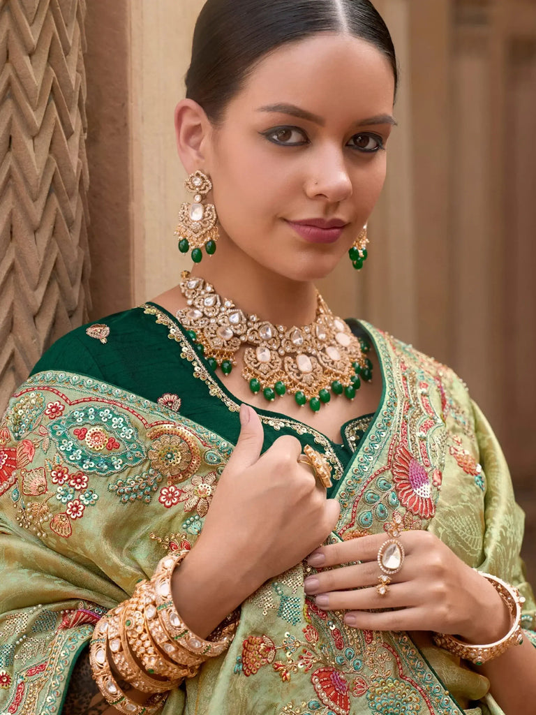 Alluring Pista Green Sequins Silk Wedding Wear Saree With Blouse