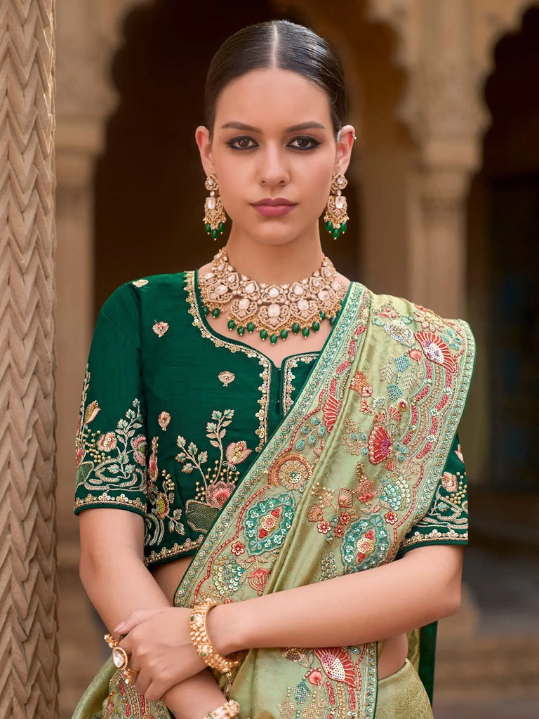 Alluring Pista Green Sequins Silk Wedding Wear Saree With Blouse